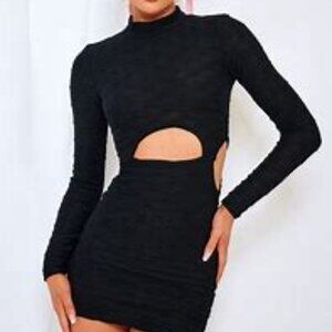 NWT | PrettyLittleThing | Black Textured Long Sleeve Cut Out Mini Dress, Size 0
